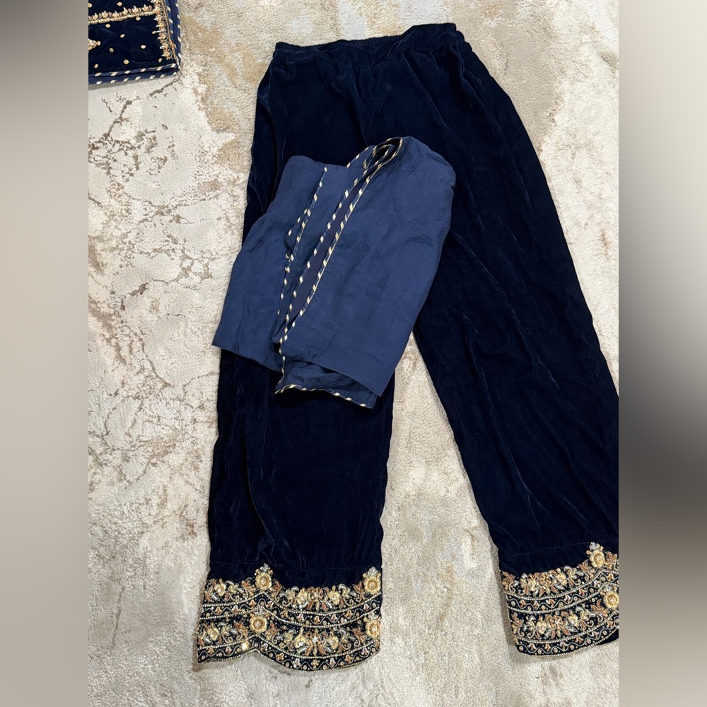 Elegant Navy Blue Wide Leg Pants with Embroidered Hem